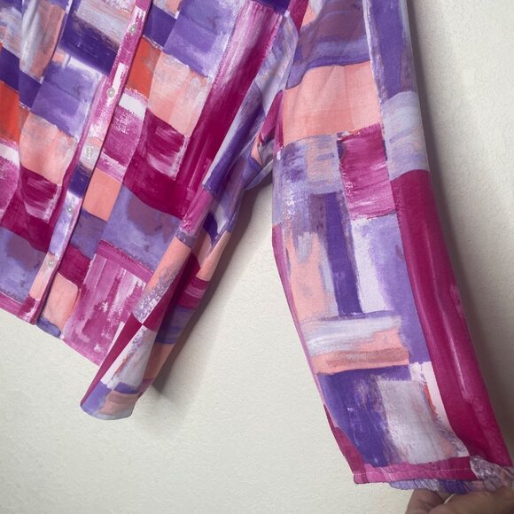 Denim & Co. Womens 1X Top Pink Abstract Print Button-Up Blouse 3/4 Sleeves - Picture 6 of 12